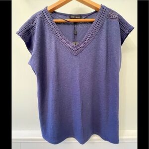 NWT Cable & Gauge V Neck Blue Linen Blend Top with Crochet Accents, size Medium
